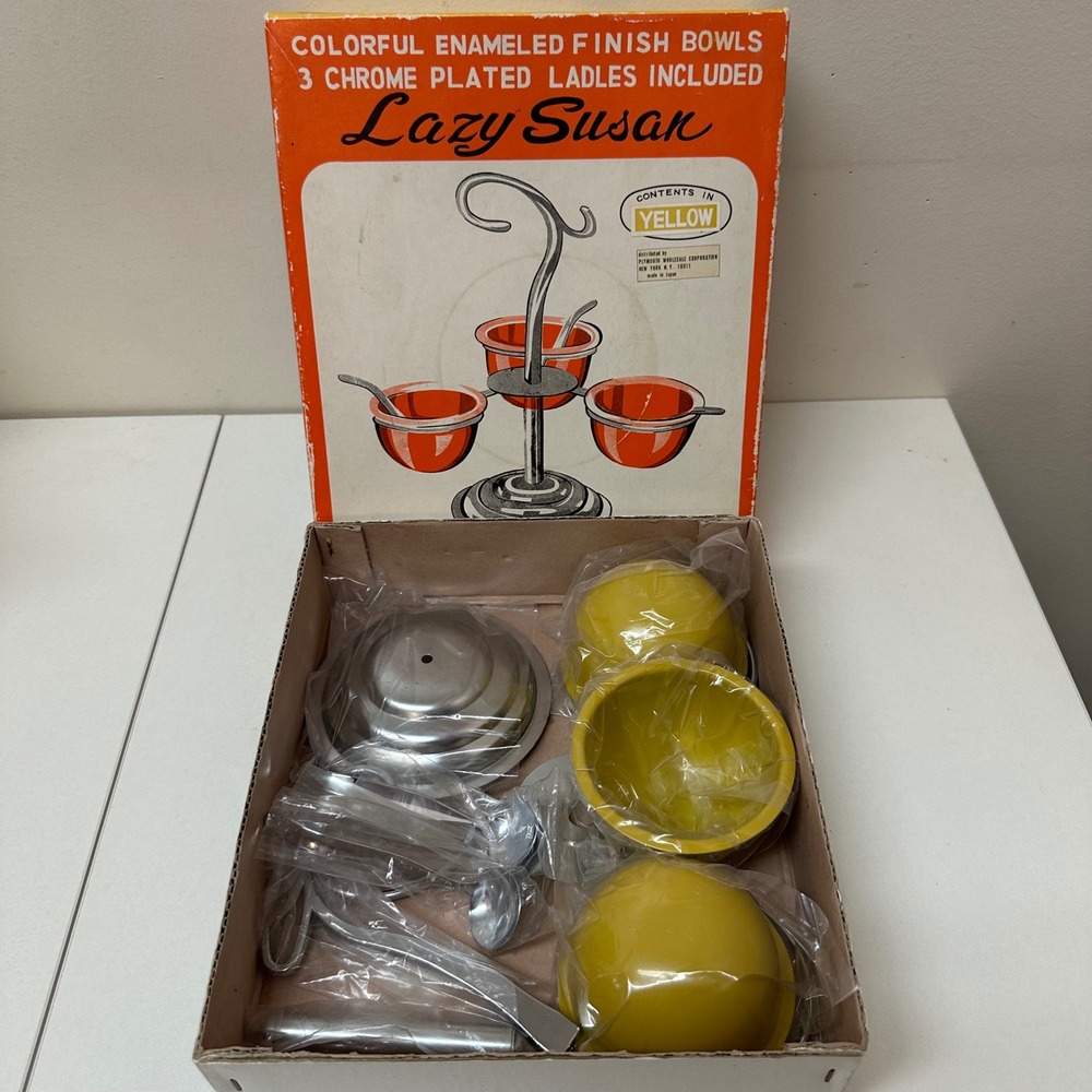 Vintage Lazy Susan Yellow Enamel Bowl Condiment Set Chrome Ladles Made in Japan